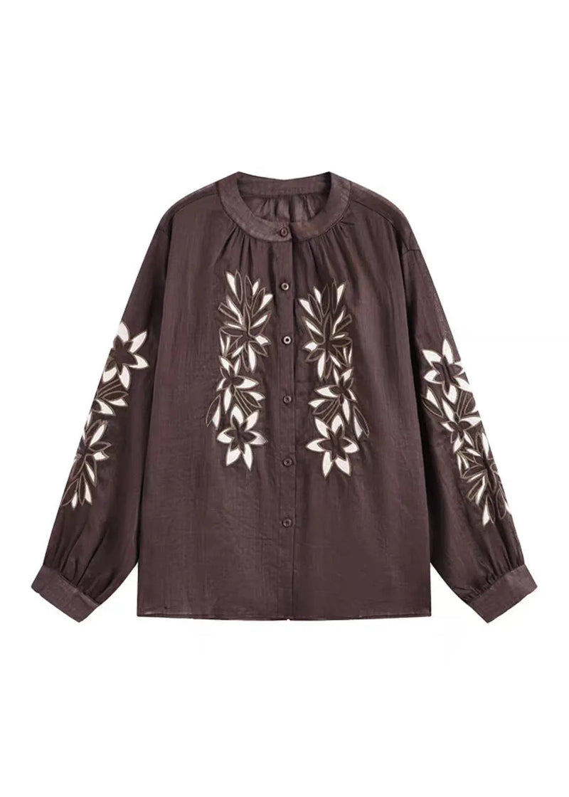 Coffee O-neck Button Embroidered Ramie Shirt Spring