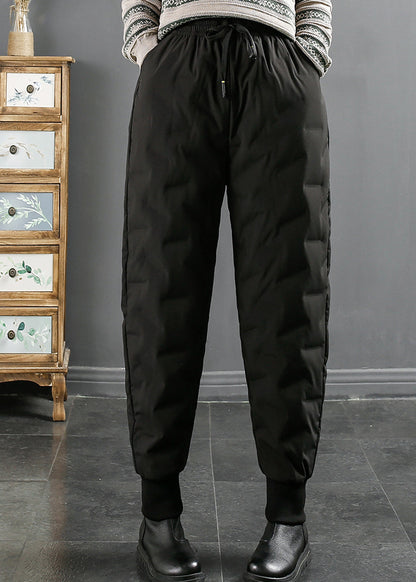 Black Pockets Elastic Waist Duck Down Beam Pants Winter
