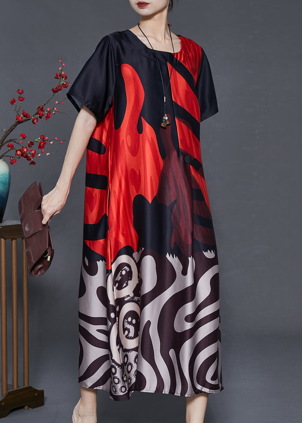 Red Oversized Print Silk Holiday Dress Summer