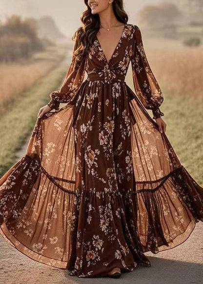 Loose Chocolate Patchwork Tunic Chiffon Long Dresses Lantern Sleeve Spring