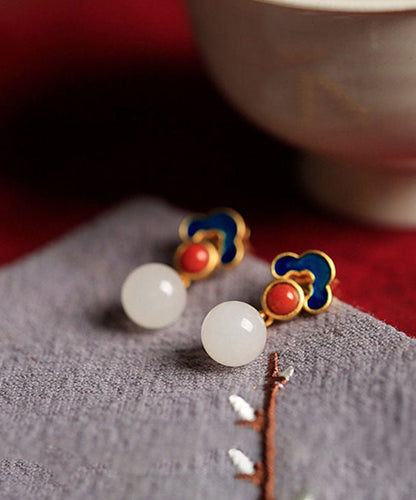 White Sterling Silver Overgild Jade Agate Enamel Auspicious Cloud Drop Earrings