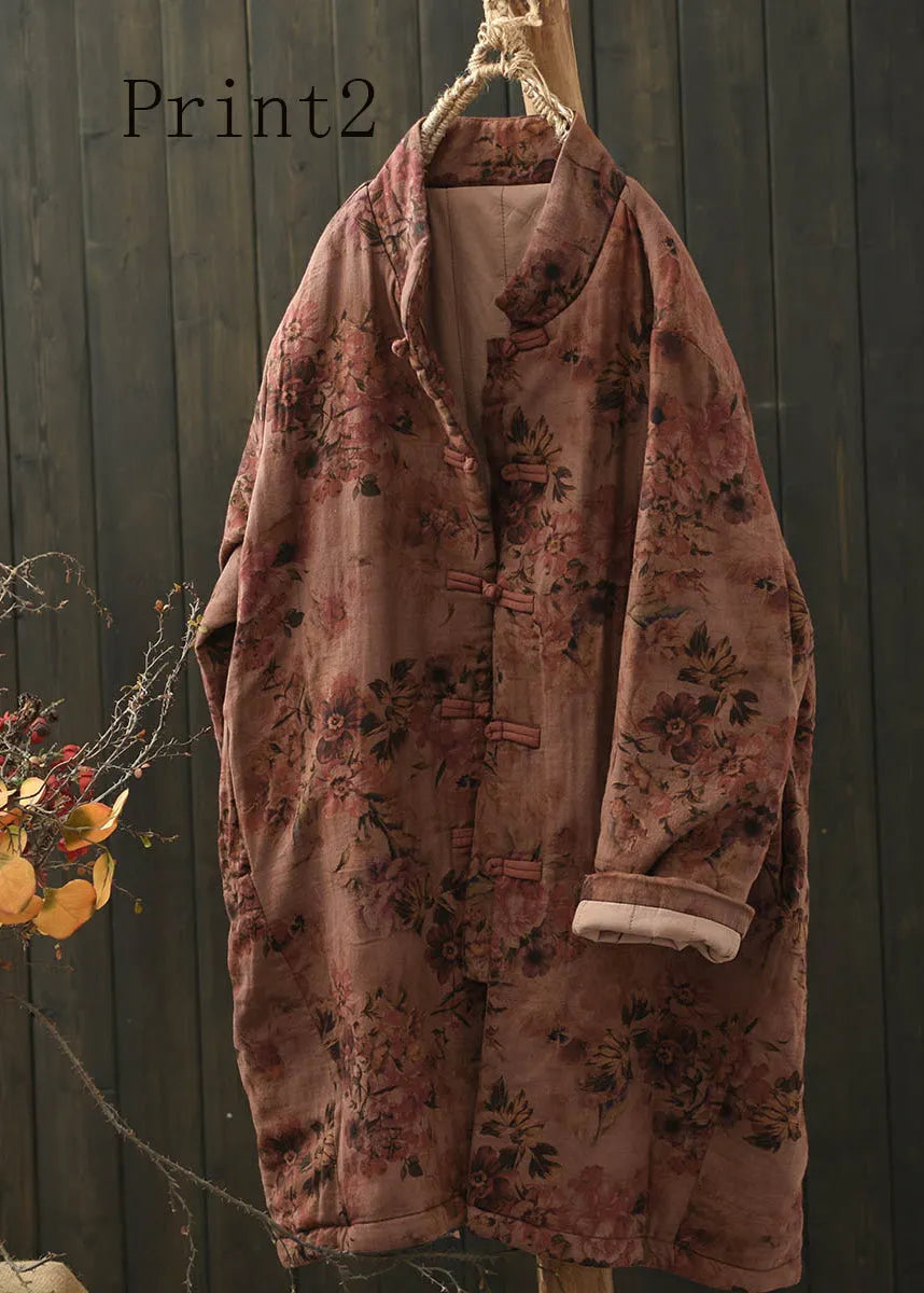 Stand Collar Print Oriental Button Fine Cotton Filled Coat Spring