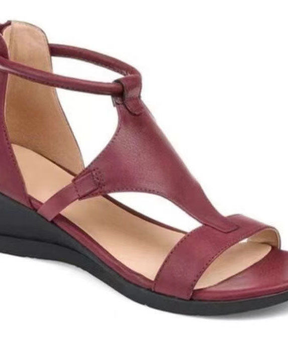 Red Peep Toe Zip Up Splicing Wedge Sandals