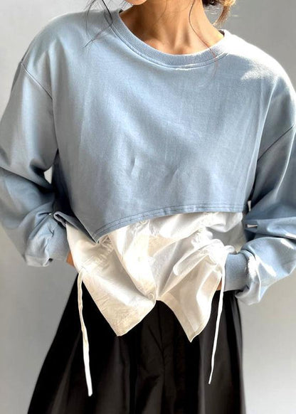 Blue O-neck Patchwork Asymmetrical Design Fall Sweatshirts Top