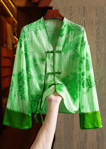 Loose Yellow V Neck Embroidered Button Silk Shirts Spring