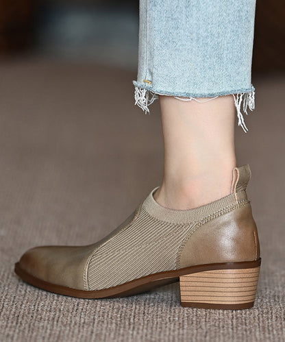 Cowhide Leather Splicing Brown Penny Chunky Loafers Pointed Toe
