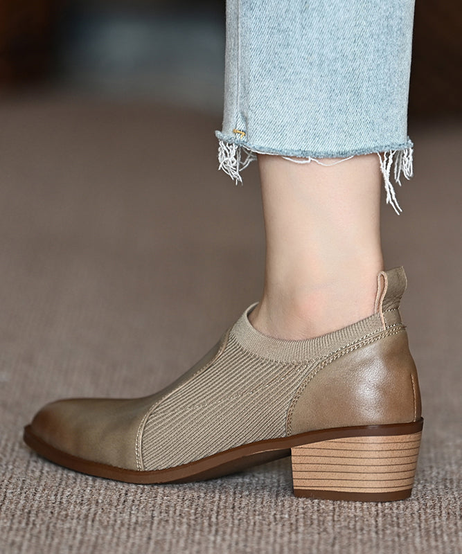 Cowhide Leather Splicing Brown Penny Chunky Loafers Pointed Toe