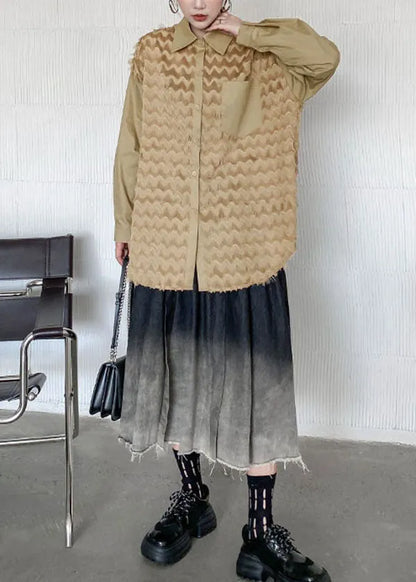 Khaki Peter Pan Collar Patchwork Tassel Cotton Blouses Spring