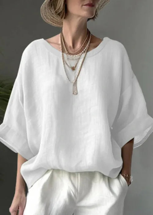 Simple Blue O Neck Loose Cotton Shirt Tops Summer