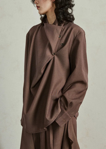 Fine Coffee Asymmetrical Button Shirt Lantern Sleeve Spring