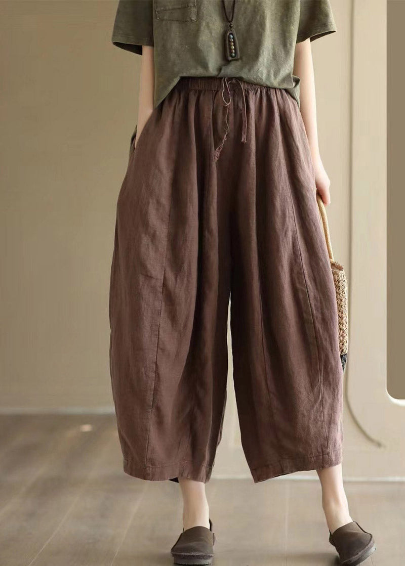 Brief Green Elastic Waist Tie Waist Linen Crop Pants Summer
