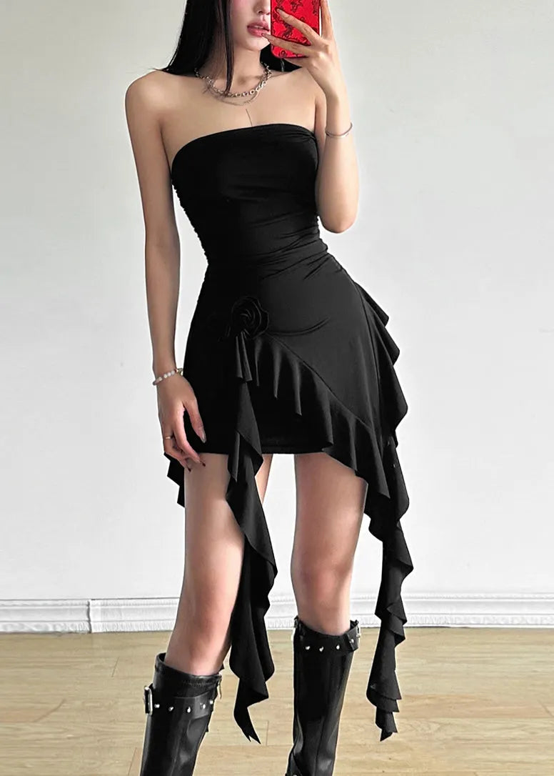 Black Ruffled Cotton Top Asymmetrical Summer