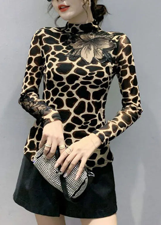 Leopard Print Blouses Tops Hollow Out Spring