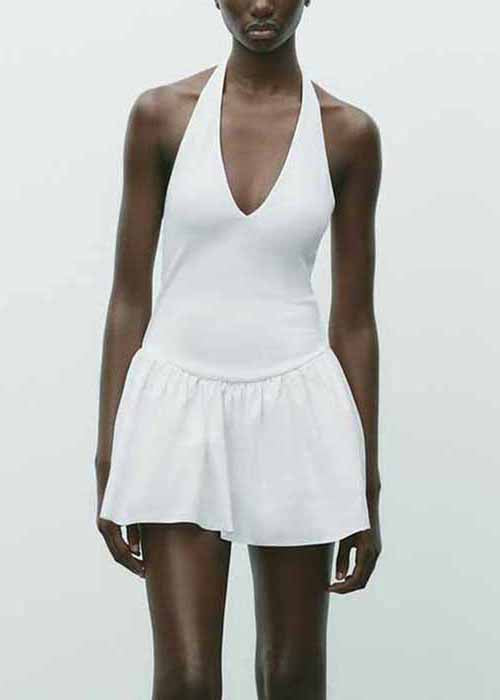 White Wrinkled Cotton Mini Dress Backless Summer