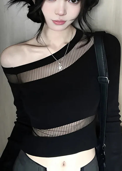 Simple Black One Shoulder Patchwork Tulle Shirt Tops Summer
