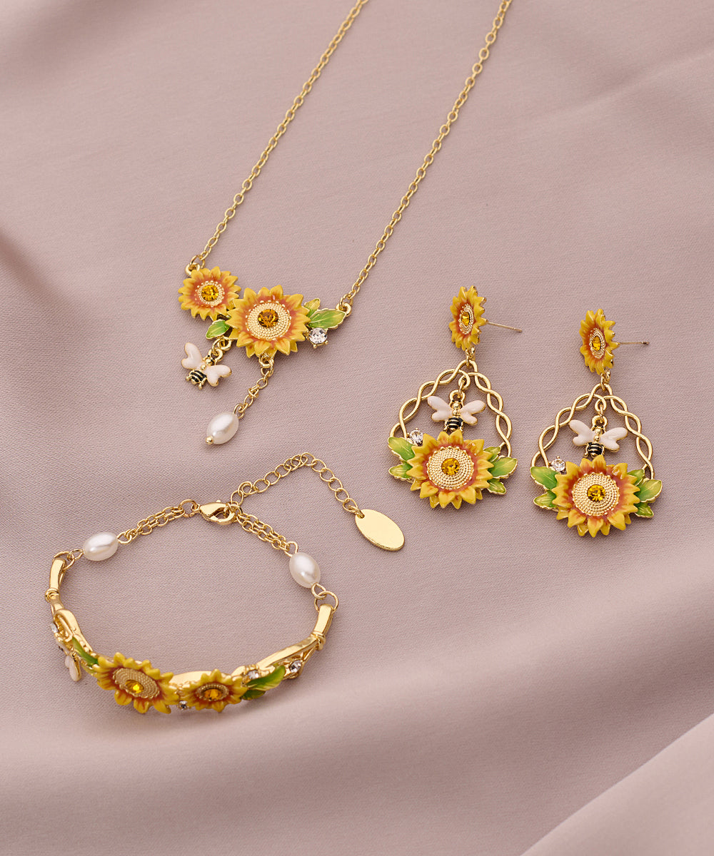 Gold Zircon Sunflower Pearl Tassel Lariat Necklace Bracelet and Drop Earrings Three Piece Set