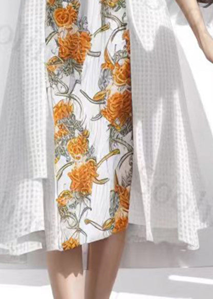 Organic Yellow O-neck Print Silk Long Dress Summer