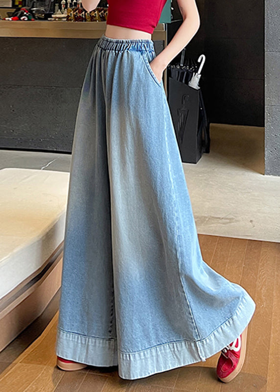 Blue Elastic Waist Pockets Wide Leg Jeans