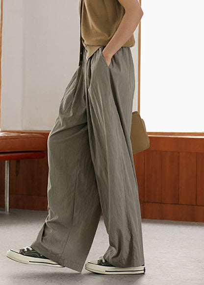 Grey Elastic Waist Pockets Wide Leg Pants Summer