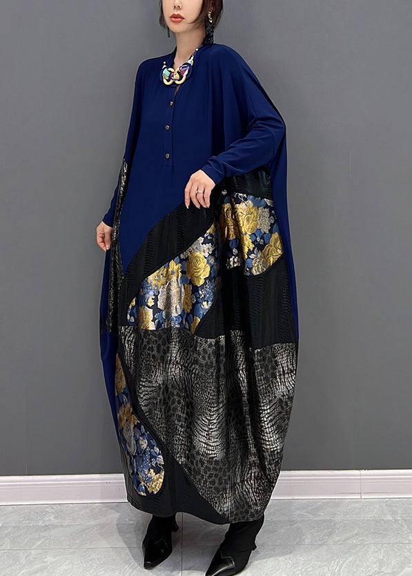 Blue O-neck Print Patchwork Button Long Dress Fall