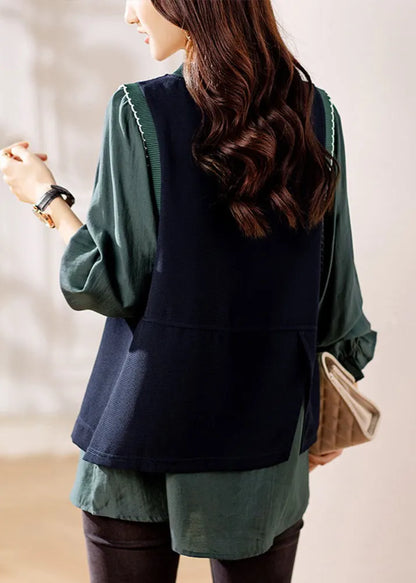 Green Ruffled Knit Patchwork False Two Pieces Top Fall