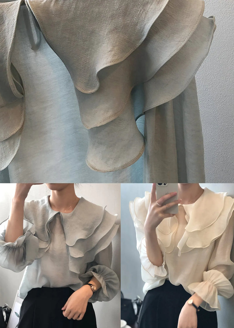 New Light Blue Ruffled Puff Sleeve Patchwork Shirt Top