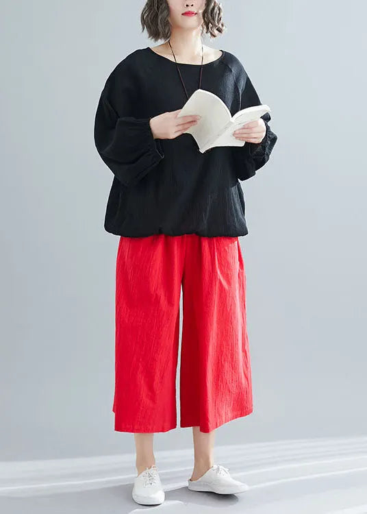 Black O Neck Wrinkled Patchwork Cotton Top Spring