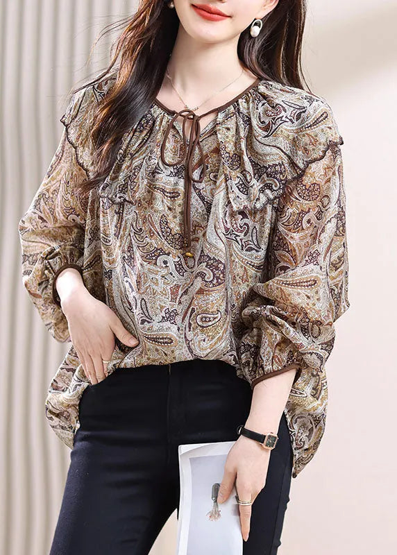 Lace Up Print Patchwork Chiffon Top Fall