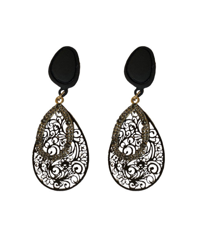 Unique Black Alloy Zircon Water Drop Hollow Out Drop Earrings