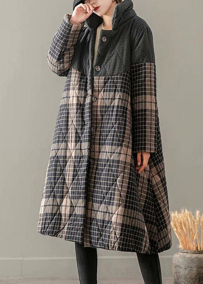 Thick Gray Plaid Coats Clothing Coats Stand Collar Button Down Outwear