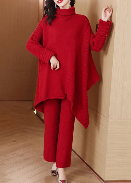 Red Cozy Knit Winter Two Pieces Set Asymmetrical