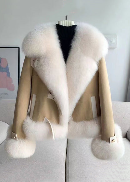 Beige Fur Collar Patchwork Woolen Coat Winter