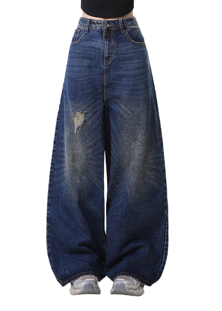 Navy Oversized Denim Ripped Jeans Pants Spring