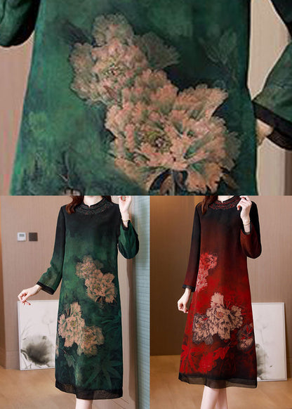 Stylish Red Stand Collar Print Silk Long Dress Spring