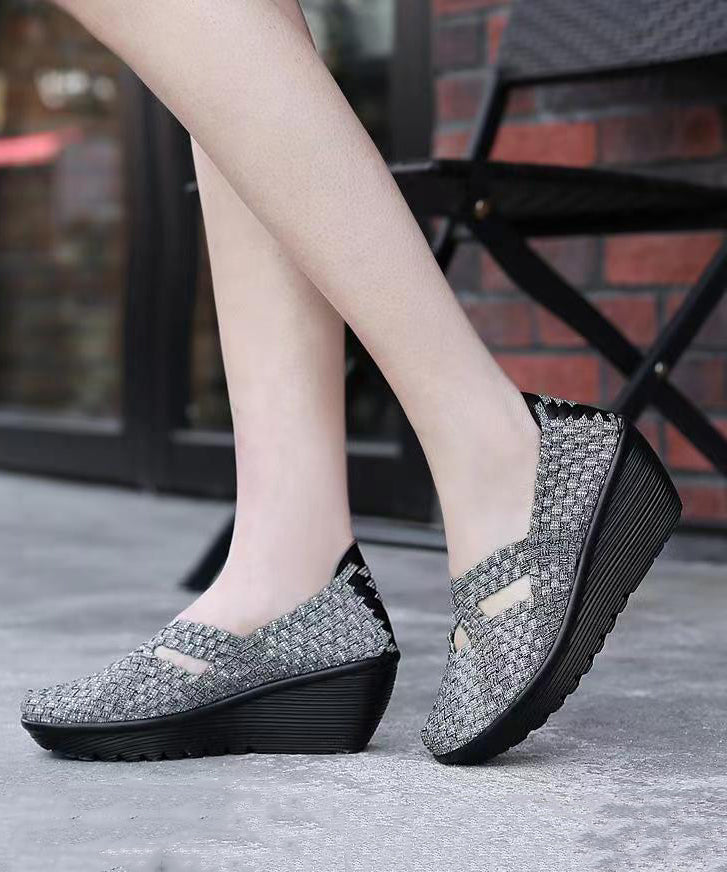 Knit Fabric Black Handmade Comfortable Splicing Wedge Heels Soofairy Shoes-20251