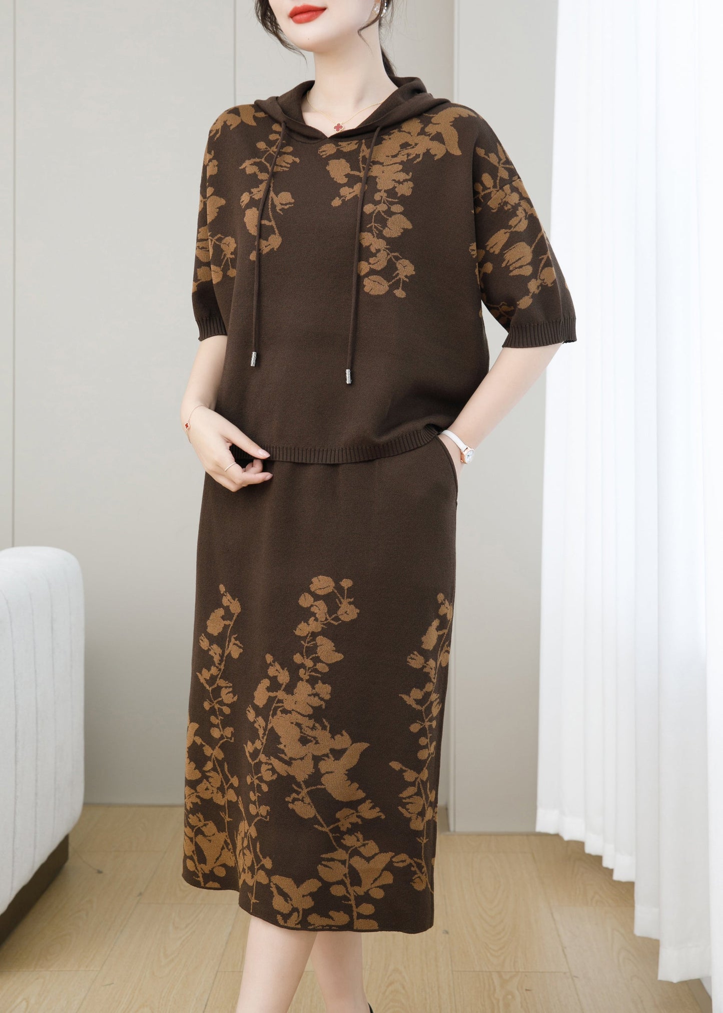 Navy Hooded Jacquard Patchwork Knit Two Piece Set Fall