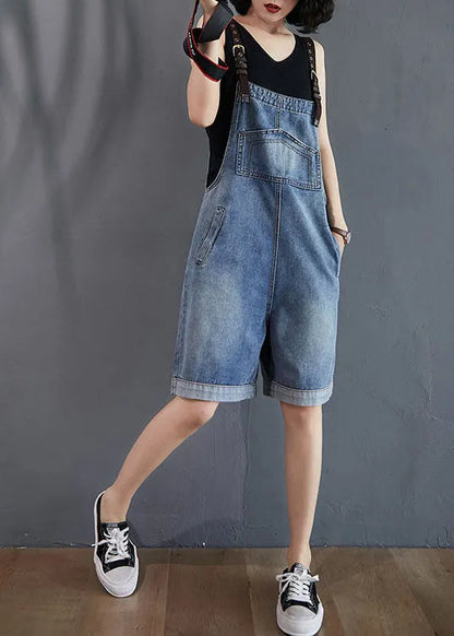 French Blue Pockets Denim Overalls Jumpsuit Summer