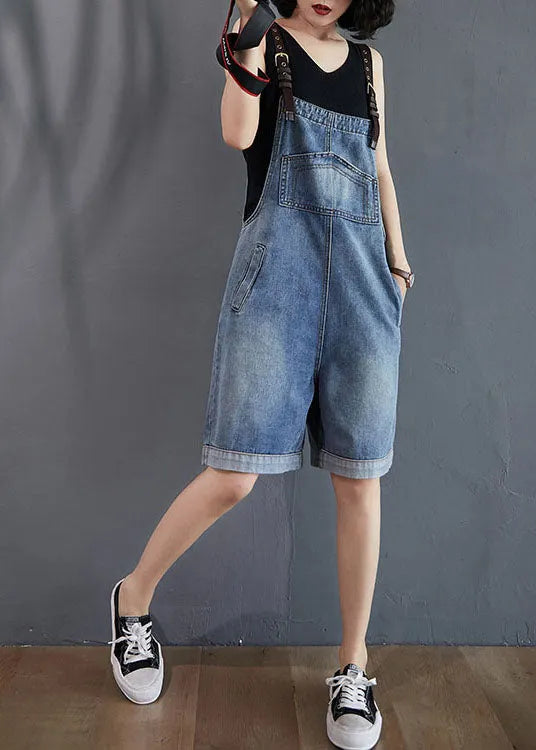 French Blue Pockets Denim Overalls Jumpsuit Summer