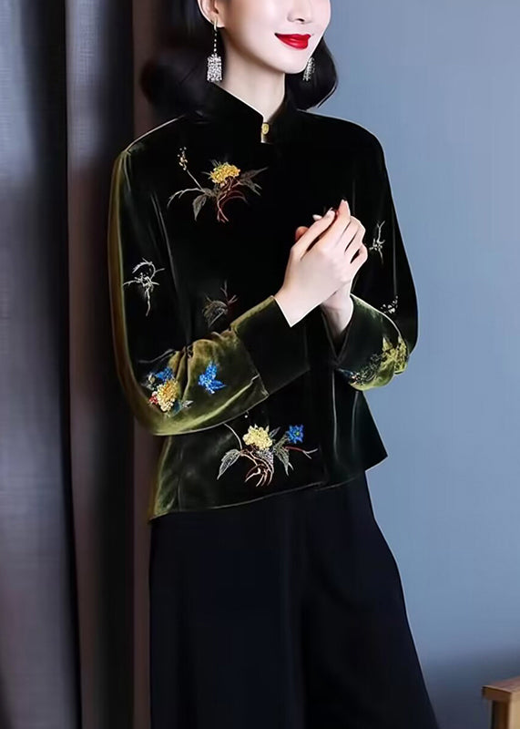 Loose Black Stand Collar Embroideried Patchwork Silk Velour Top Long Sleeve