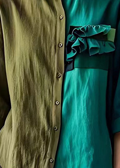 Colorblock Asymmetrical Ruffled Linen Shirt Half Sleeve