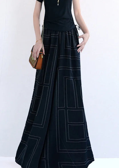 Black Geometric Pockets Cotton Wide Leg Pants Elastic Waist Summer