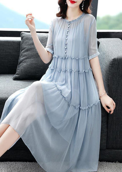 Simple Blue O-neck Wrinkled Patchwork Silk Two Pieces Set Dress Summer