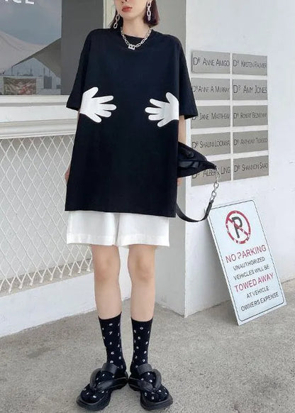 Black O Neck Hug Pattern Cotton Tee