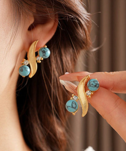 Gold Alloy Zircon Turquoise Stud Earrings