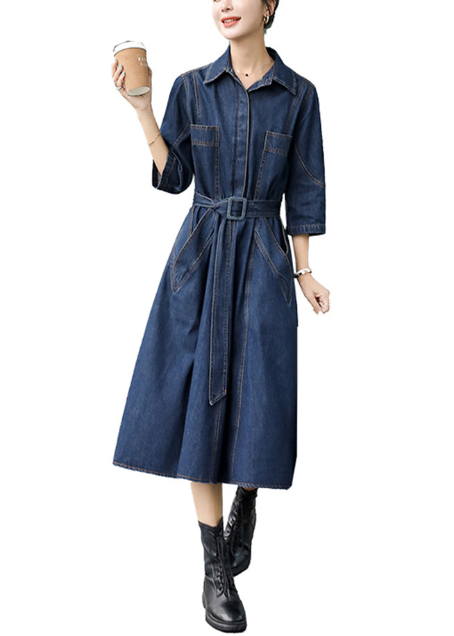 Blue Peter Pan Collar Patchwork Sashes Long Denim Dresses Fall