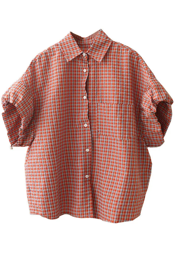 Red Peter Pan Collar Plaid Button Cotton Shirts Lantern Sleeve