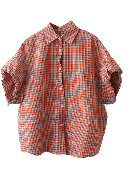 Red Peter Pan Collar Plaid Button Cotton Shirts Lantern Sleeve