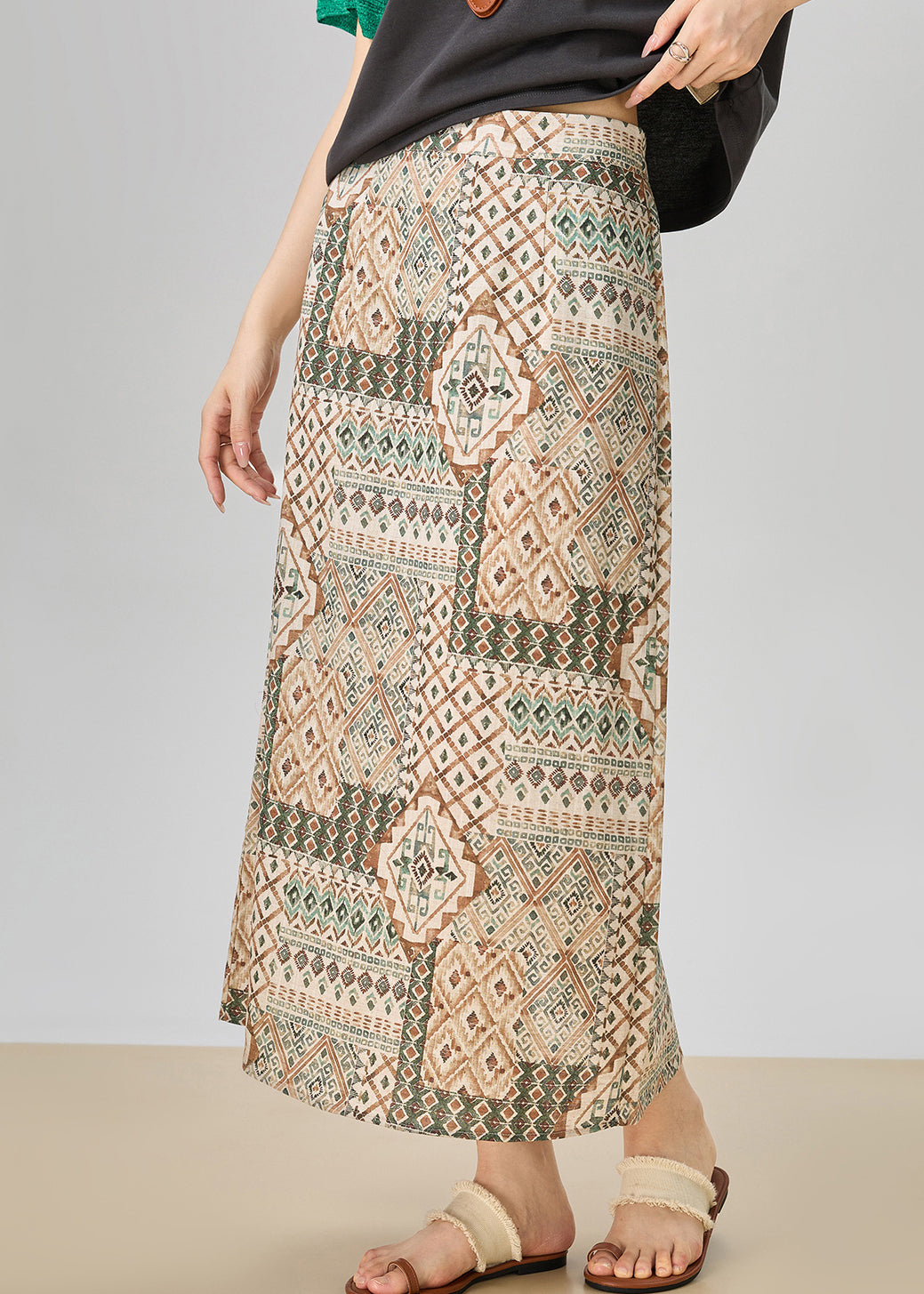 French Khaki Hollow Out Knit Dress and Print Skirts Two Pieces Set Sleeveless