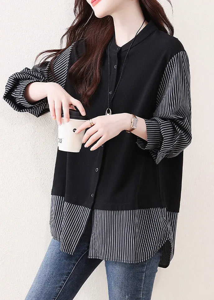 Diy Black Striped Patchwork Cotton Fake Two Piece Tops Fall