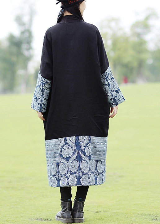 Black Embroidered Patchwork Fine Cotton Filled Coat Spring